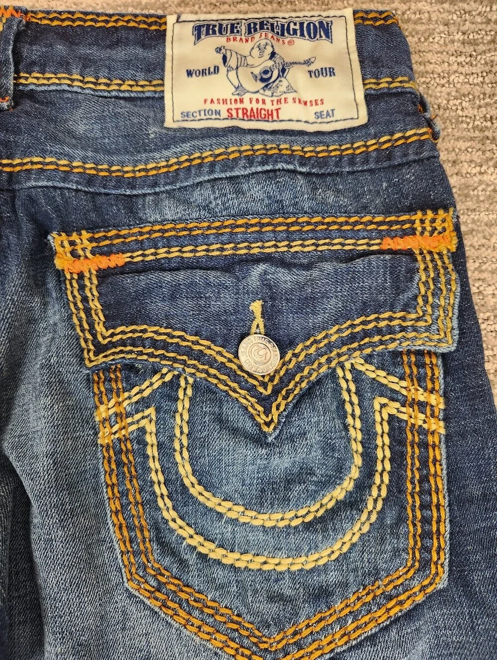 True Religion Mega t Straight Jeans Mens 32x34 Brown Thick Stitch Flap Pocket